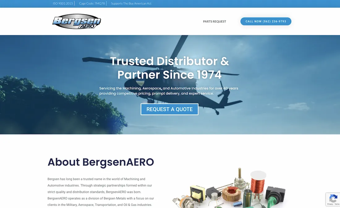 BergsenAero website homepage - aerospace parts distributor
