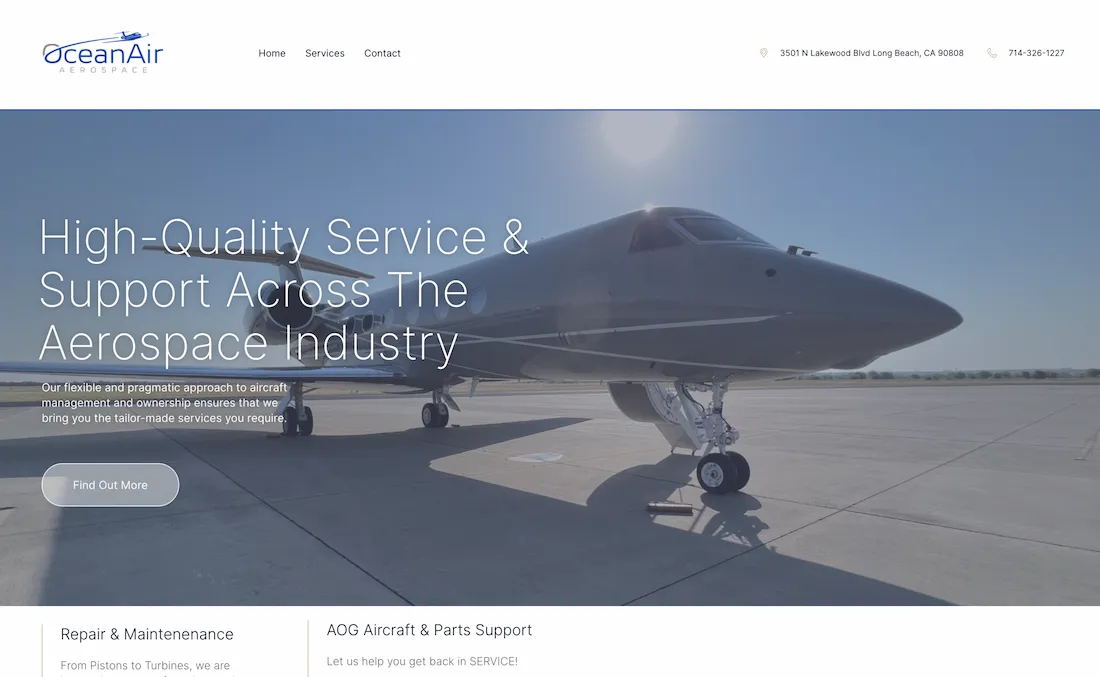 OceanAir Aerospace website homepage - aerospace parts distributor
