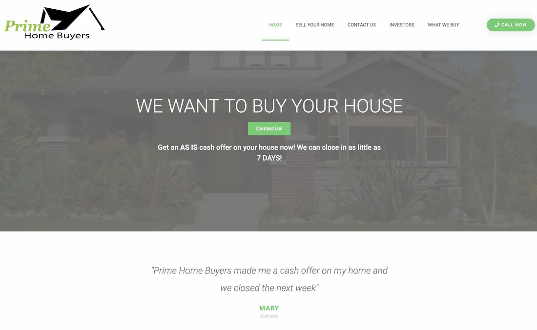 Prime Home Buyers website homepage - cash home buying service